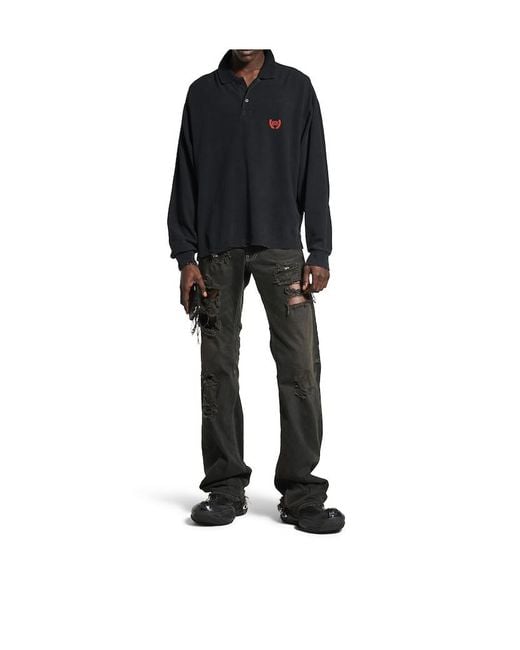 Balenciaga Blue Laurel Destroyed Long Sleeved Polo Shirt for men