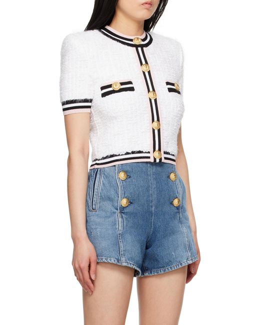 Balmain White Maze-Monogram Bouclé Cardigan