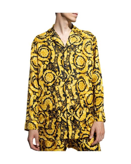 Versace Yellow Baroque Pattern Long Sleeved Pajama Shirt for men