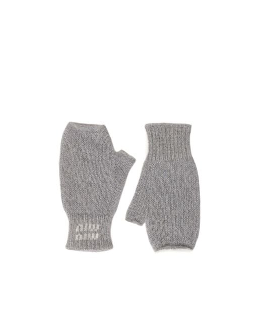 Miu Miu Gray Logo-Intarsia Knitted Gloves