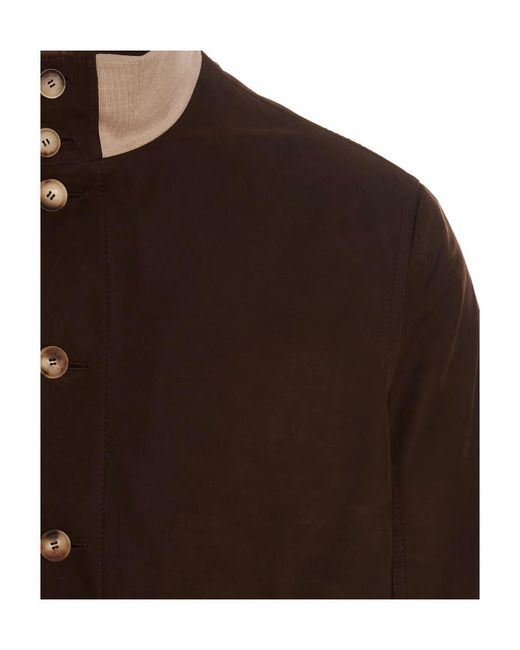 Brunello Cucinelli Brown Buttoned Long-Sleeved Bomber Jacket for men