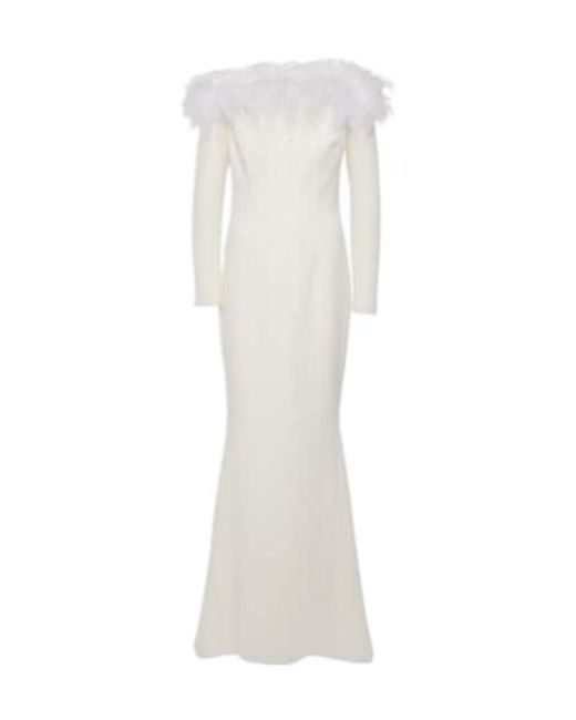 Safiyaa White Bridal Starlana Feather-Trimmed Crêpe Gown