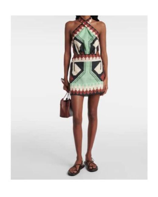 Johanna Ortiz Green Printed Halterneck Linen Minidress