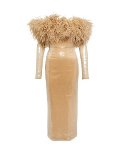David Koma Natural Feather-Trimmed Sequined Midi Dress