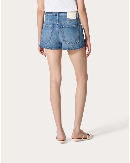 Valentino Blue Floral-Appliqué Straight Hem Denim Shorts