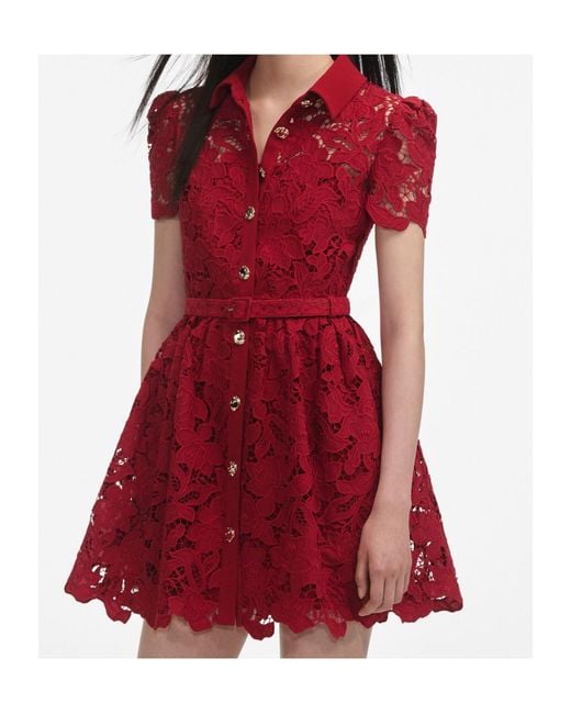 Self-Portrait Red Floral Lace Puff-Sleeved Dress