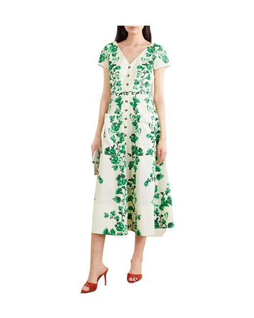 Saloni Green Printed Cotton-Poplin Midi Dress