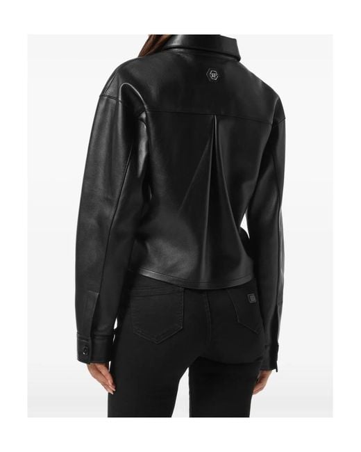 Philipp Plein Black Leather Cropped Shirt