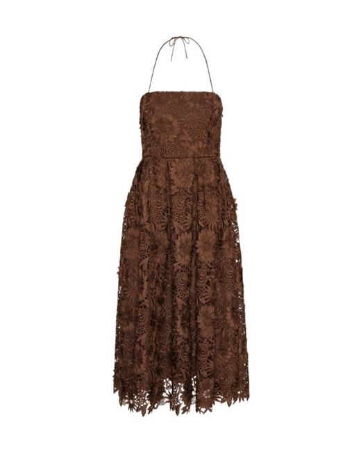 ROTATE BIRGER CHRISTENSEN Brown Floral Lace Midi Dress