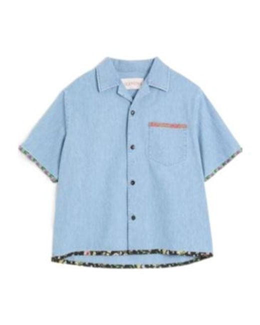 Valentino Blue Floral Trim Button-Up Denim Shirt for men