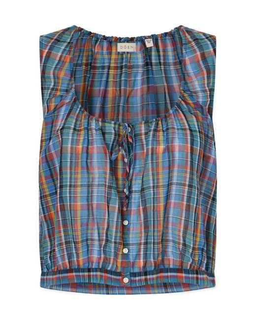 Doen Blue Gathered Checked Organic Cotton-Voile Top