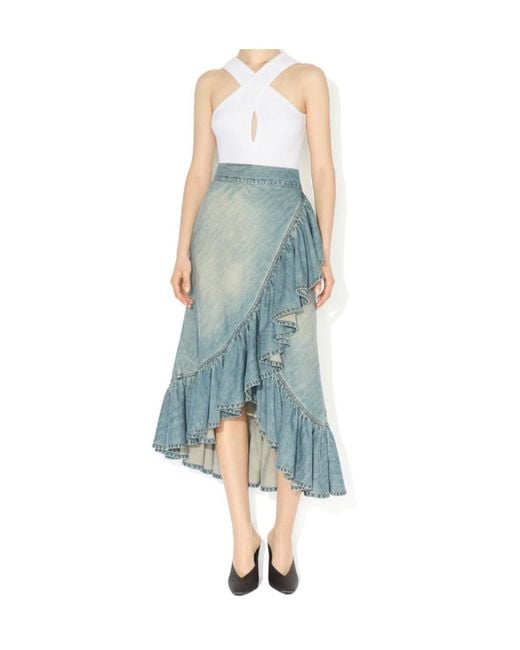 Alaïa Blue Denim Ruffle Wrap Skirt Asymmetric Cut