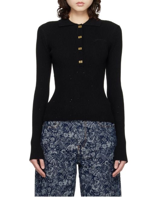 Ganni Black E Long-Sleeved Knitted Polo Top