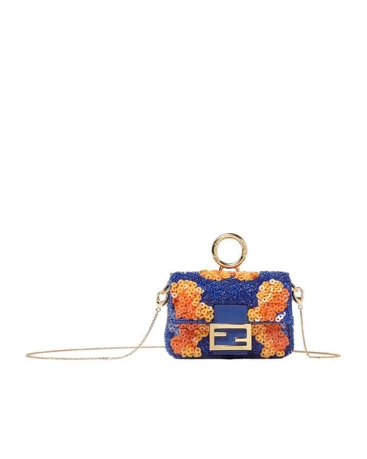 Fendi Blue Beads And Sequin Charm With Floral Embroidery