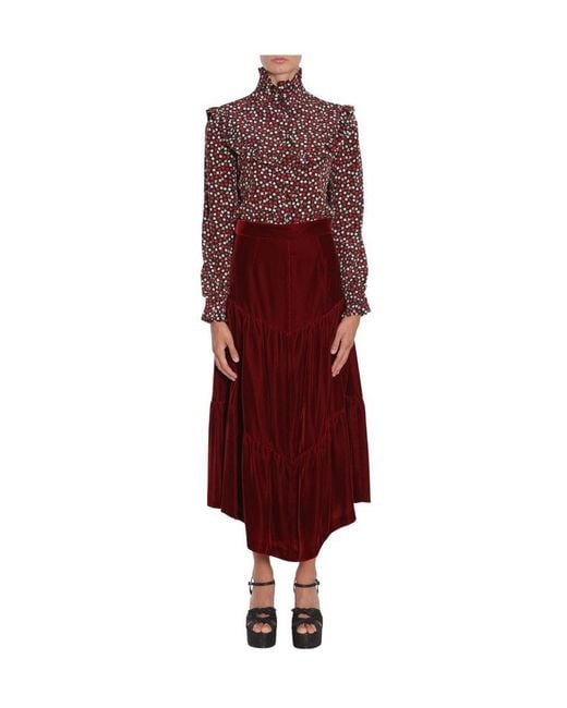 Saint Laurent Red Printed Ruffle Trim Blouse
