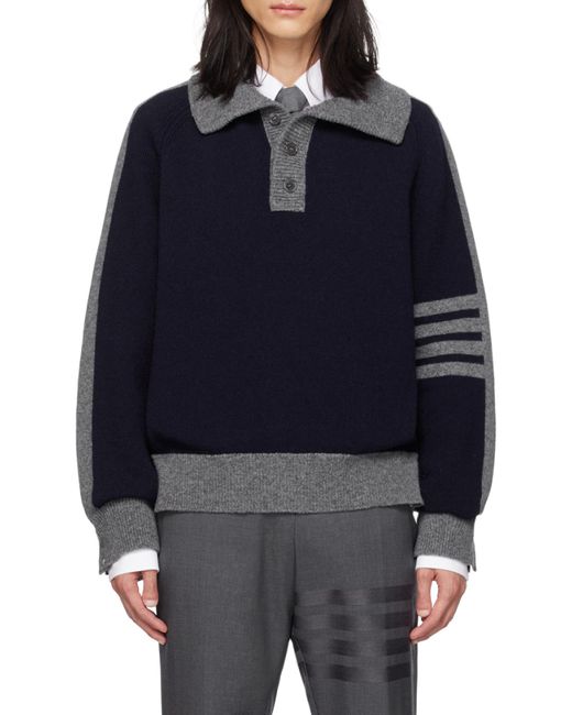 Thom Browne Blue Mock-Neck-Bar Stripe Jumper for men