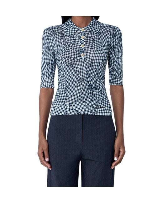 Ganni Black Sheer Printed Checked Polo Shirt