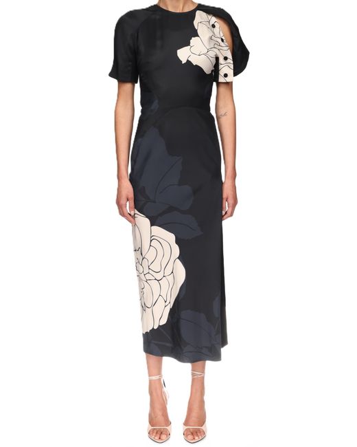 Victoria Beckham Black Floral Printed Split Hem Midi Dress