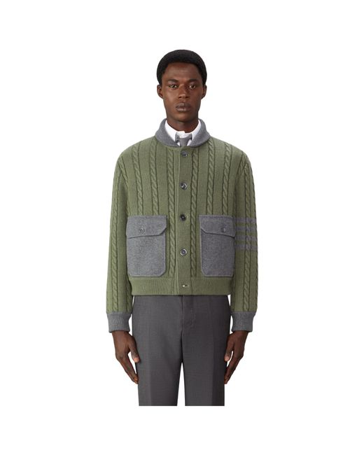 Thom Browne Green Cable Knit Cardigan Sweater for men
