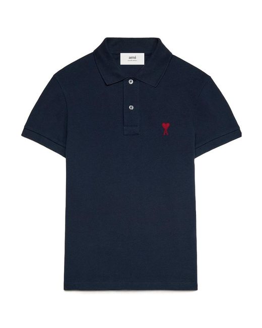 AMI Blue Logo Embroidered Short-Sleeved Polo Shirt for men