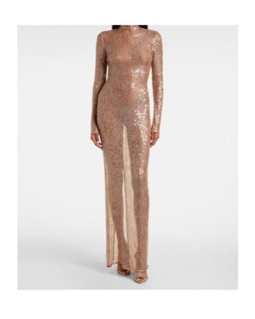 Magda Butrym Natural Sequined Turtleneck Sheer Maxi Dress