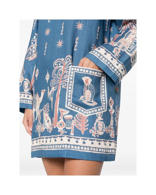 ALÉMAIS Blue Acacia Collared Graphic-Print Mini Dress