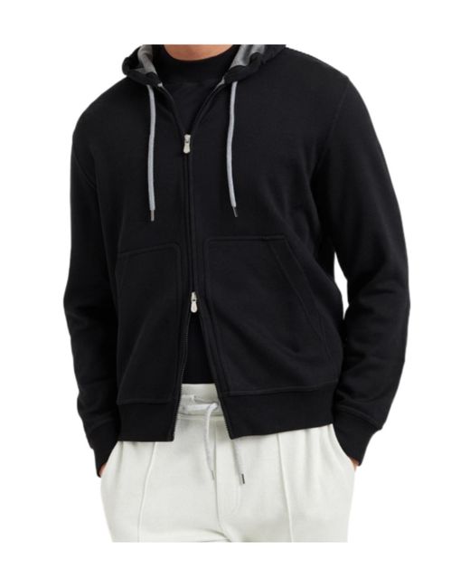 Brunello Cucinelli Black Zip-Up Drawstring Hoodie for men