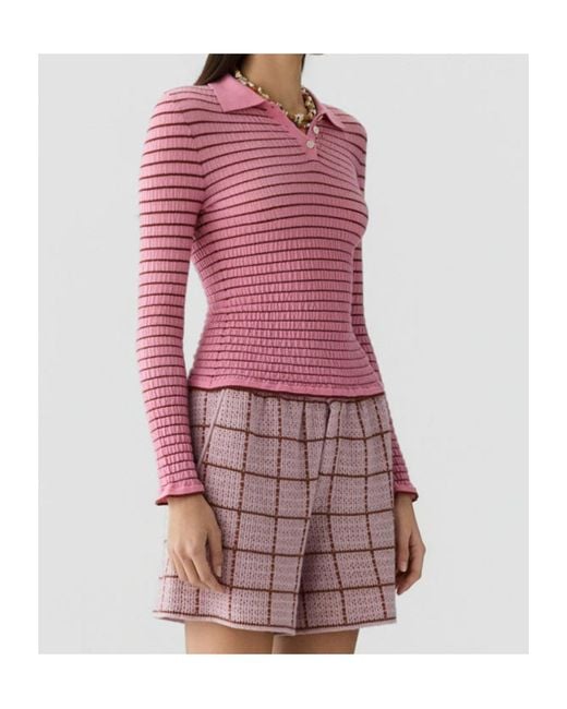 Guest In Residence Pink Striped Shirred Polo Shirt