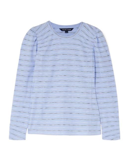 Veronica Beard Blue Bouvet Smocked Ruched Striped Pimaa Cotton T-Shirt