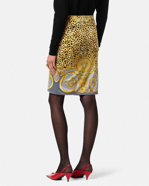 Versace Metallic Cheetah Foulard Draped Midi Skirt