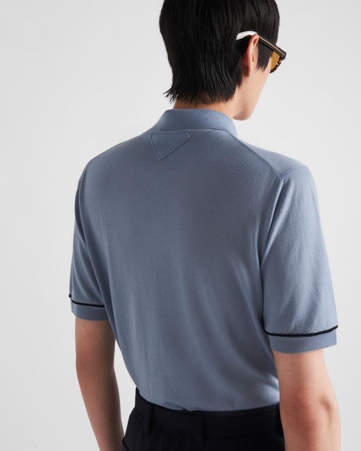 Prada Blue Wool Polo Shirt for men
