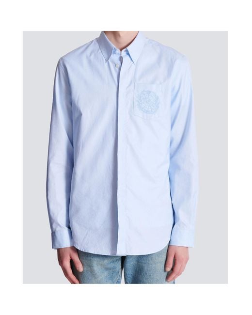 Balmain Blue Écusson Embroidered Shirt for men