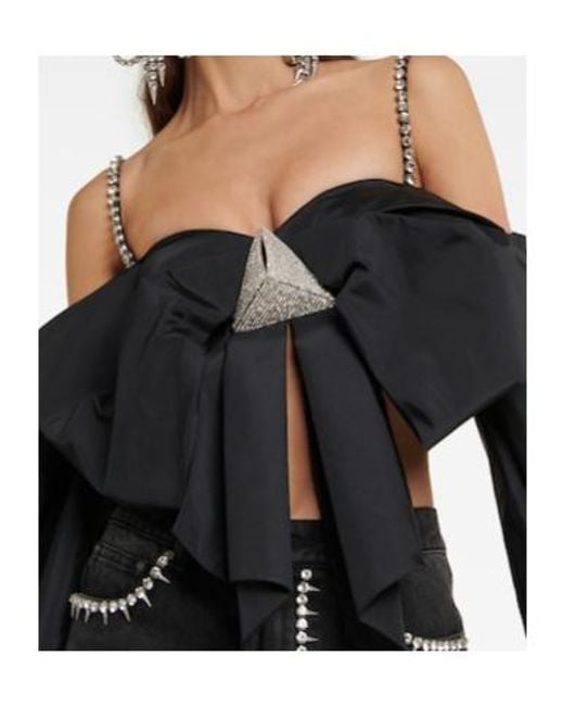 Area Black Embellished Off-Shoulder Taffeta Top