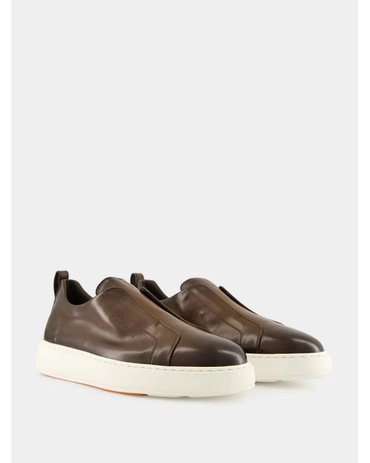 Santoni Brown Round Toe Slip-On Sneakers for men
