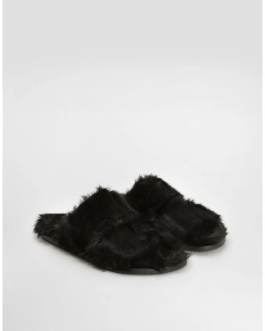 Dolce & Gabbana Black Furry Cross-Strap Slides for men