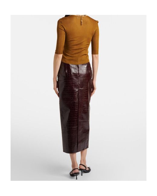 Nour Hammour Purple Elyse Croc-Effect Leather Pencil Skirt