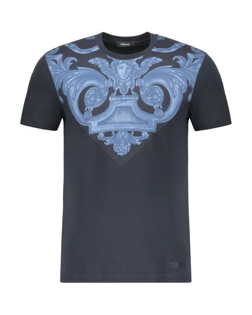 Versace Blue Barocco-Printed Crewneck T-Shirt for men