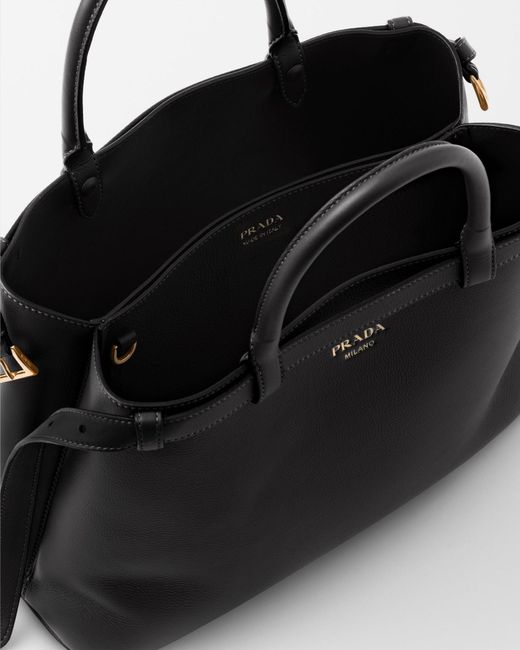 Prada Black Buckle Medium Leather Handbag With Double Belt