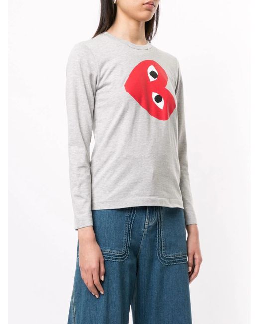 COMME DES GARÇONS PLAY Gray Logo-Print Crew Neck Top