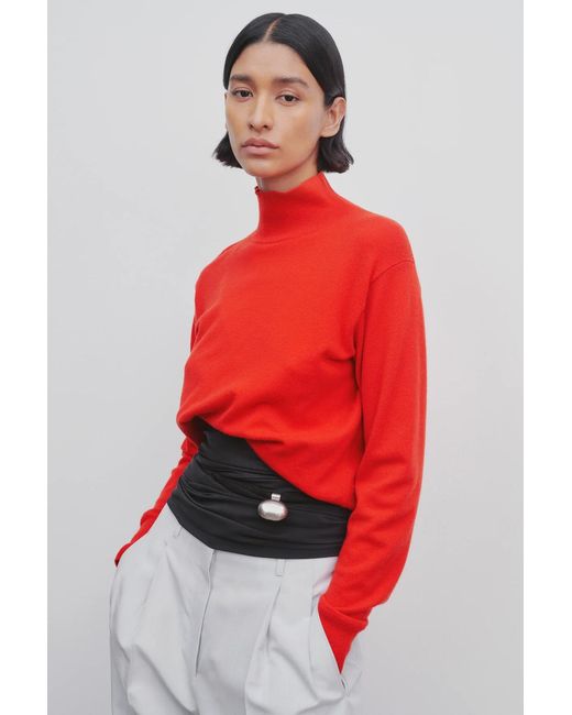 The Row Red High-Neck Asymmetrical Cashmere Sweater