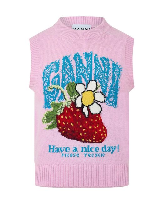 Ganni White Graphic Wool Knitted Sweater Vest
