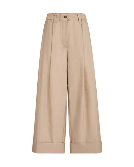 Brunello Cucinelli Natural Techno Cotton Poplin Boxy Pleated Trousers With Monili