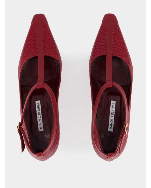 Manolo Blahnik Red Rosellon T-Strap Leather Kitten Pumps