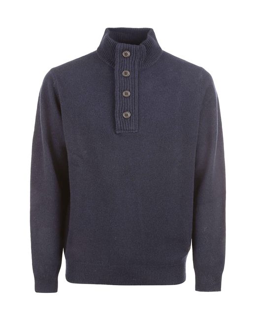 Barbour Blue High-Neck Half Buttoned Knit Jumper for men