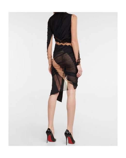Mugler Black Ruched Tulle-Paneled Minidress