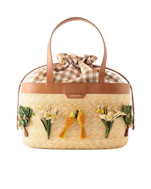 Aquazzura Metallic Appliquéd Leather-Trimmed Raffia Tote