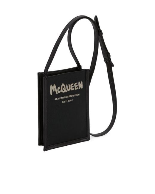 McQueen Black Graffiti Logo Printed Shoulder Bag for men