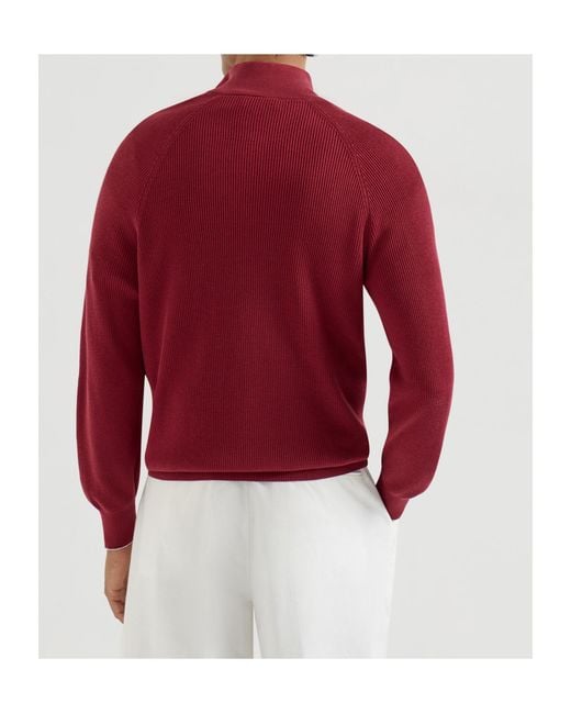Brunello Cucinelli Red Rib Half Zip Jumper for men