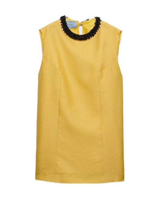 Prada Yellow Embroidered Slubbed Gazar Dress