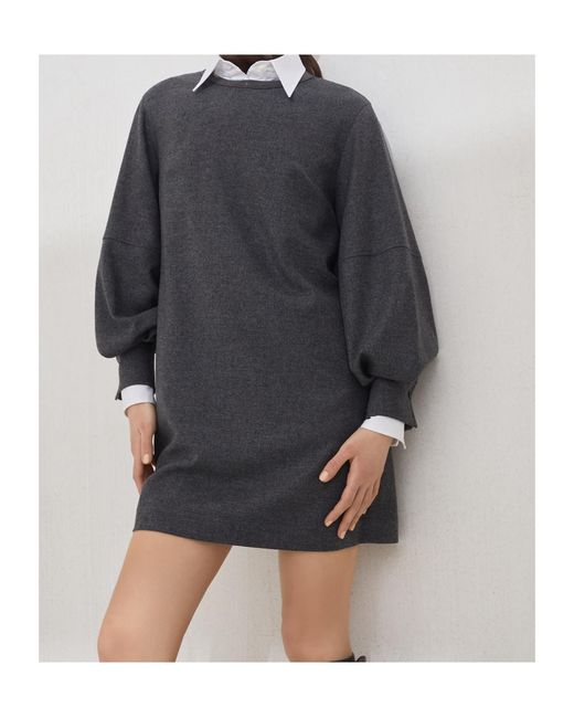 Brunello Cucinelli Gray Long Sleeve Crewneck Dress